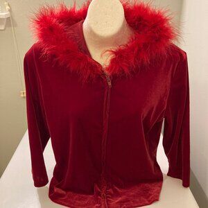 Ivory red velour caribou hoodie with 3/4 sleeves